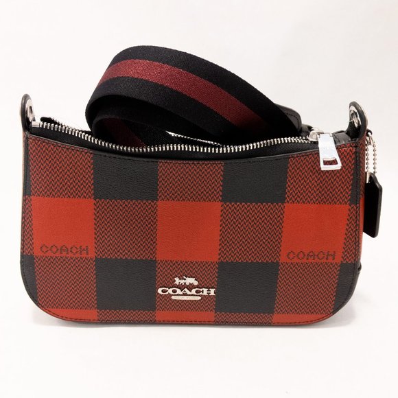 Coach Handbags - COACH Jes Crossbody Buffalo Check Plaid Canvas Zip Bag Canvas Leather Red Black